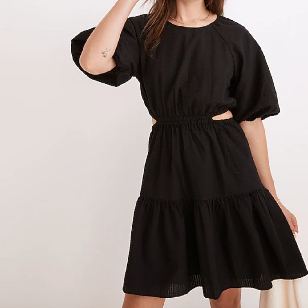 Madewell Seersucker Puff-Sleeve Cutout Mini Dress sz XXS Black